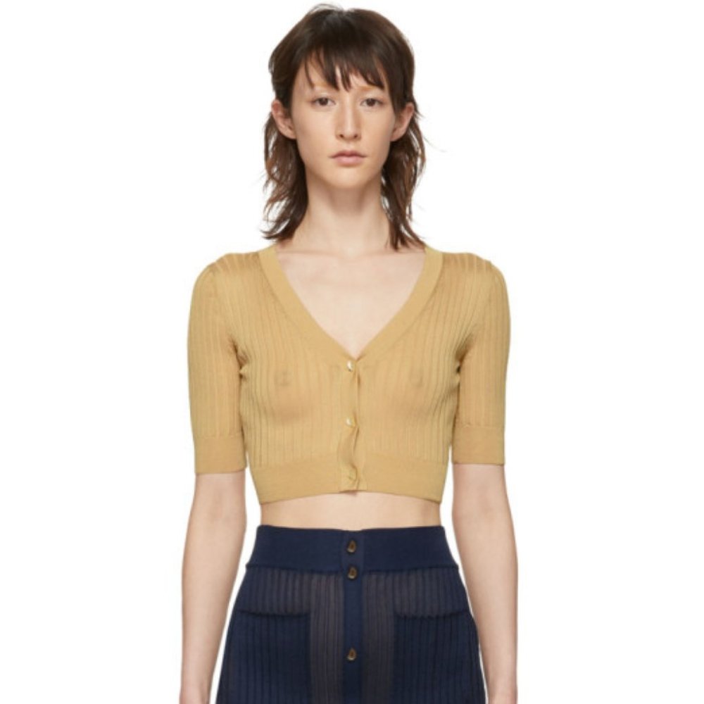 Maryam Nassir Zadeh Tan Ribbed Knit Cropped Cardigan